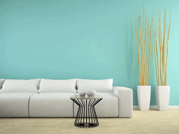 Part of interior with white sofa and blue wall 3D rendering — Stock Photo, Image