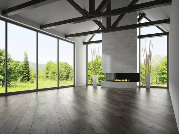 垂木と暖炉の 3 d レンダリング インテリア空部屋 4 — ストック写真