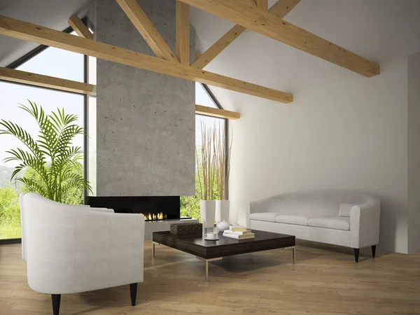Интерьер гостиной с креслами и камином 3D renderi — стоковое фото