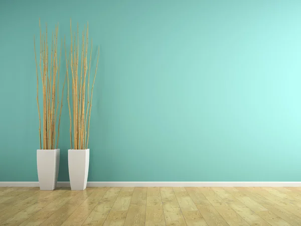 Partie de l'intérieur avec mur bleu et vases rendu 3D — Photo