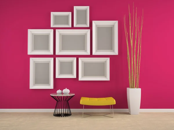 Parte di interni con cornici sulla parete rosa rendering 3D — Foto Stock