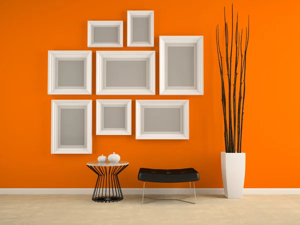 Parte del interior con marcos en la pared naranja Representación 3D — Foto de Stock