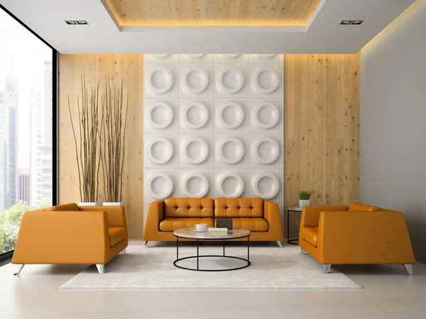 Интерьер гостиной с оранжевыми креслами и диваном 3D рендеринг — стоковое фото