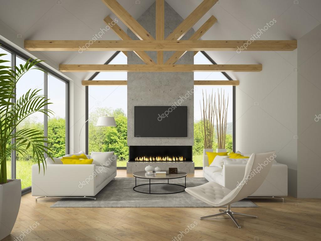 Interieur van een woonkamer met sofa\'s en open haard 3D-rendering ... Interieur van een woonkamer met sofa\'s en open haard 3D-rendering ...