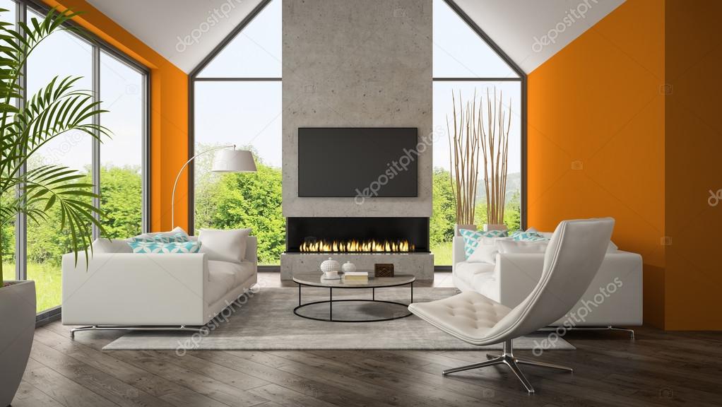 Nappali fal narancs és kandalló 3d render belsÅ — stock fotó ...