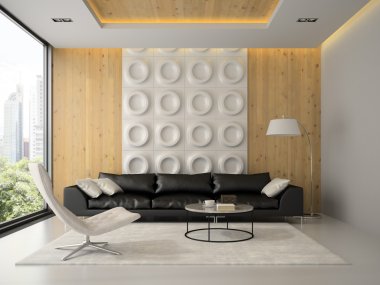 İç siyah kanepe 3d render ile modern tasarım odası