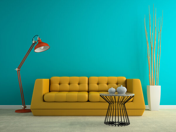 Part of interior with yellow sofa 3D rendering