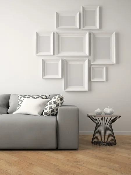 Parte del interior con sofá gris y marcos de representación 3D — Foto de Stock