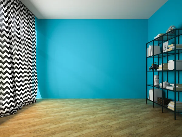 Tomt rum med blå vägg och glas rack 3d-rendering — Stockfoto