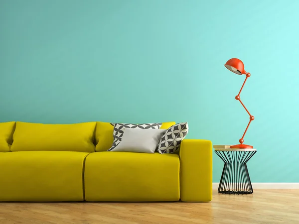 Parte do interior com sofá amarelo e lâmpada vermelha 3D renderização — Fotografia de Stock