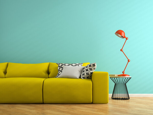 Part of interior with yellow sofa and red lamp 3D rendering