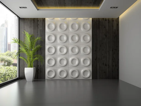 Interieur van lege ruimte met muur paneel en palm 3d rendering 3 — Stockfoto