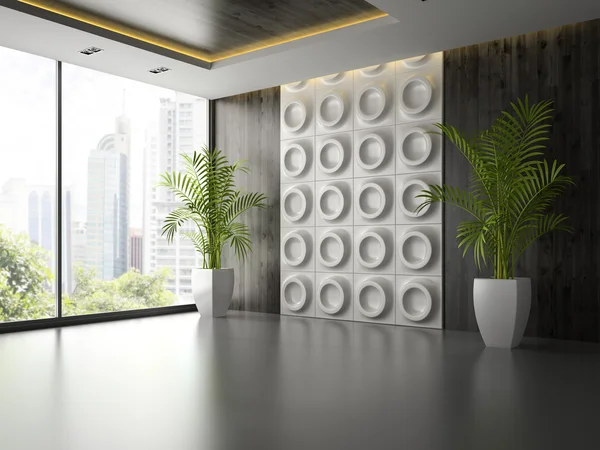 Интерьер пустой комнаты со стеновой панелью и ладонью 3D рендеринга 2 — стоковое фото