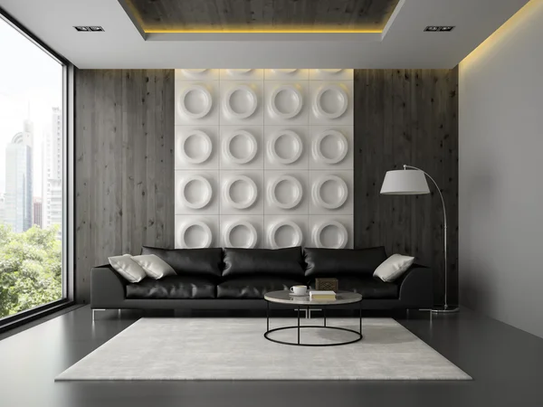 Interno del soggiorno con divano nero rendering 3D — Foto Stock