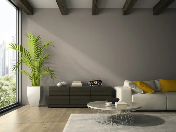 Interior da sala de design moderno com sofá branco 3D renderização — Fotografia de Stock