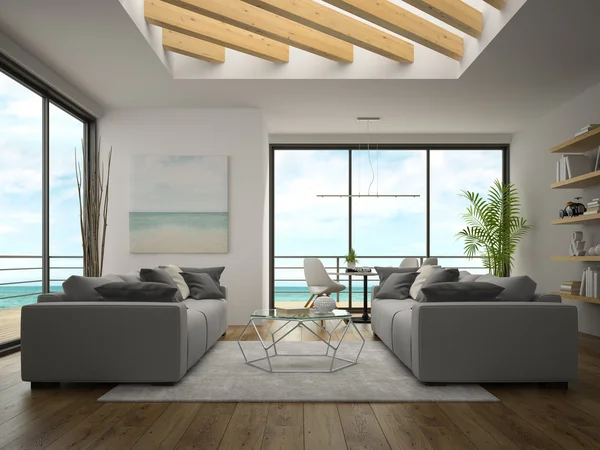 Interior de la habitación de diseño moderno con vista al mar representación 3D — Foto de Stock