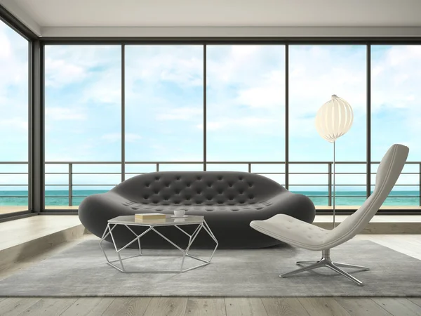 Interno di camera dal design moderno con vista mare rendering 3D — Foto Stock