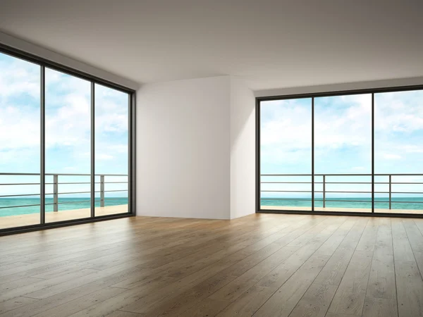 Interiér prázdná místnost s výhledem na moře 3d vykreslování — Stock fotografie