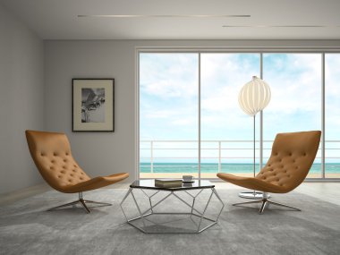 İç deniz görünümü 3d render ile modern tasarım odası