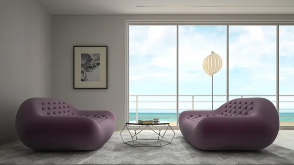 Interiér pokoje moderního designu s mořem vykreslování 3d zobrazení — Stock fotografie