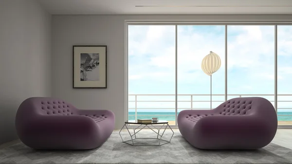 Interno di camera dal design moderno con vista mare rendering 3D — Foto Stock