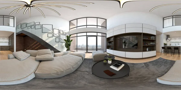 360 panorámica de la habitación interior moderna vacía 3D renderizado —  Fotos de Stock