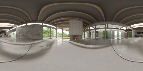 360幅空旷的现代室内3D渲染全景 — 图库照片
