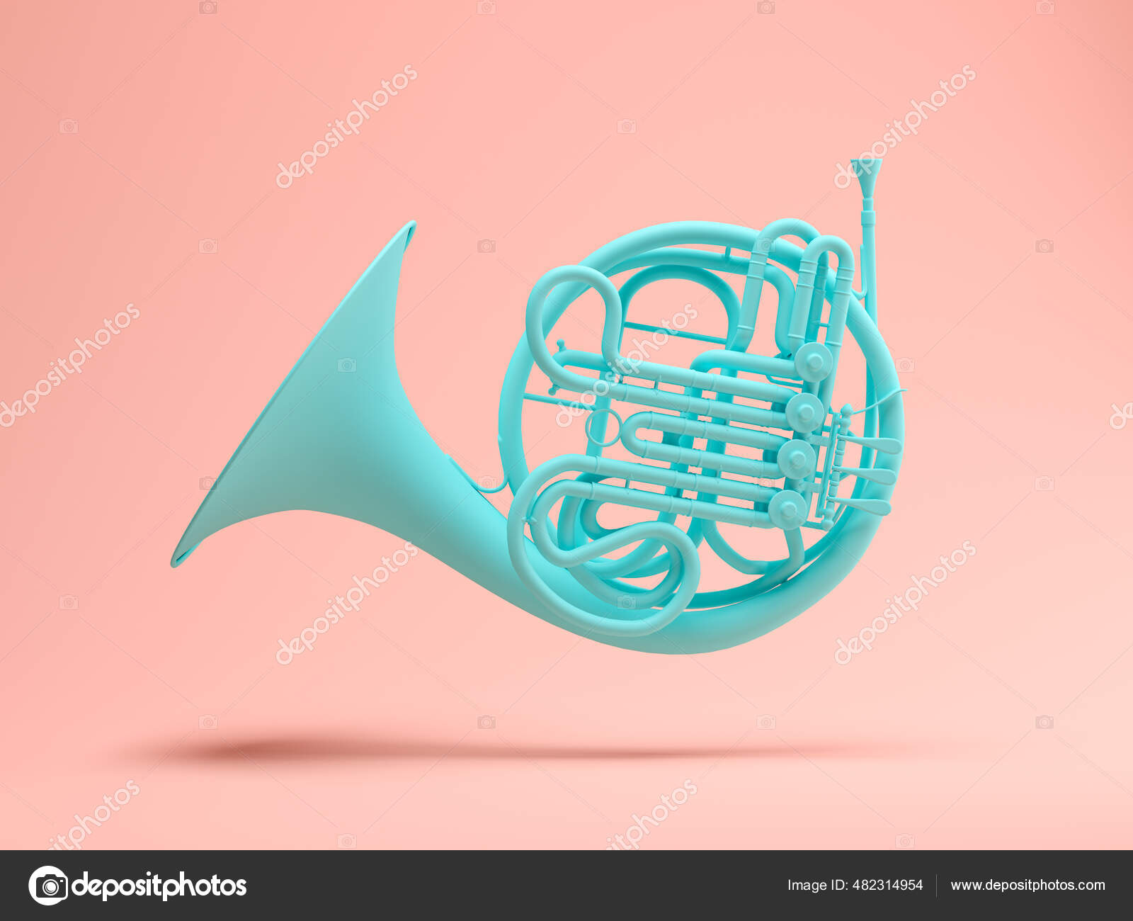 Blue French Horn on pink background 3d rendering Stock Photo by