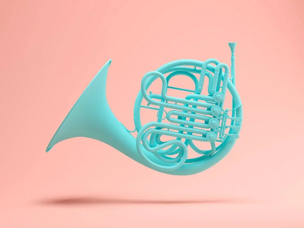 Blue French Horn on pink background 3d rendering