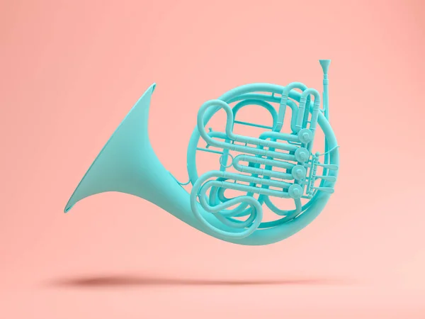 Azul francês chifre no fundo rosa 3d renderização — Fotografia de Stock
