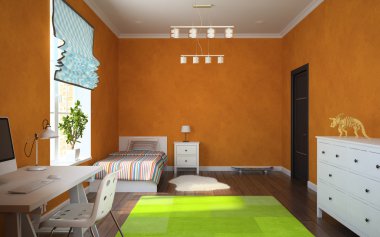İç modern childroom 3d render turuncu duvarlı bir parçası
