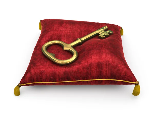 Goldener Schlüssel auf königsrotem Samtkissen isoliert auf weißem Hintergrund — Stockfoto