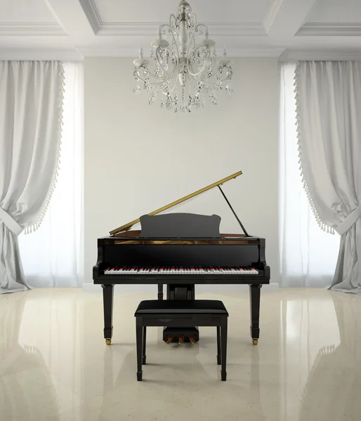 Habitación de estilo clásico con representación 3D de piano y chandlier — Foto de Stock