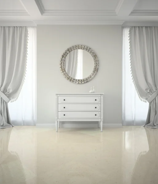 Interior de la habitación clásica con espejo redondo y gabinete 3D render — Foto de Stock