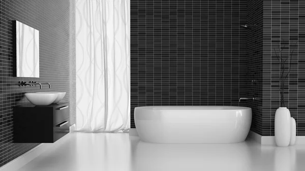 内部的现代浴室配有黑色瓷砖墙 — 图库照片