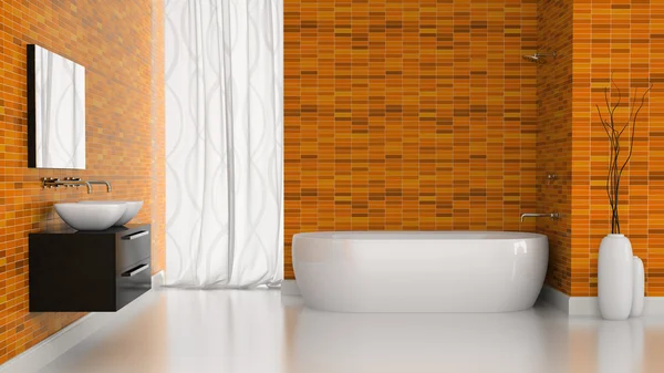 Interior de baño moderno con paredes de azulejos de color naranja — Foto de Stock