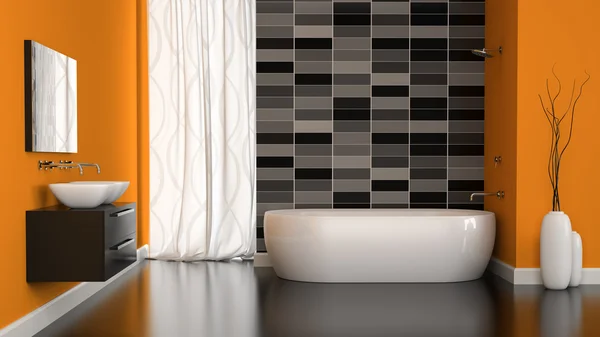 Интерьер современной ванной комнаты с оранжевой стеной — стоковое фото