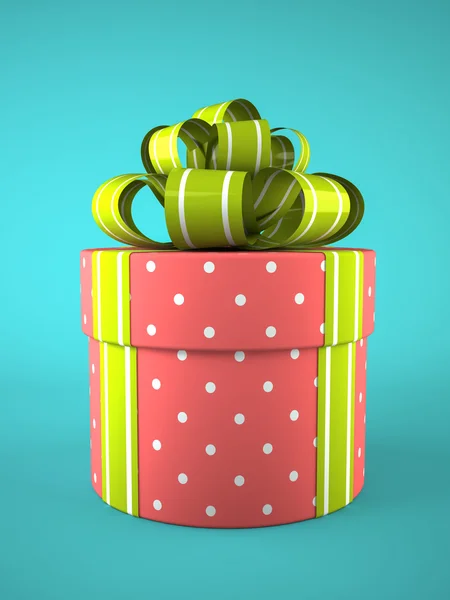 Pink round gift box on blue background — Stock Photo, Image