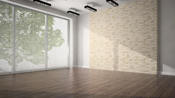Prázdné místnosti whith cihlovou zeď a tmavé podlahy — Stock fotografie