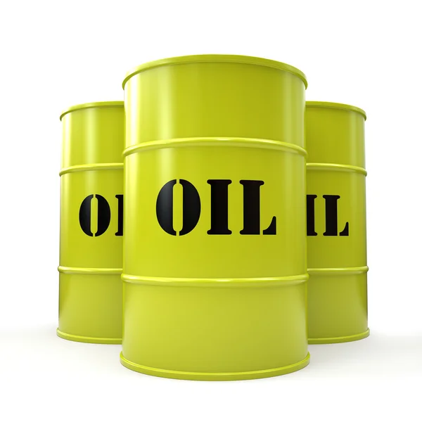 Trzy żółte baryłek ropy na białym tle — Zdjęcie stockowe