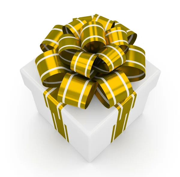 Scatola regalo bianca con fiocco d'oro isolato su sfondo bianco 4 — Foto Stock