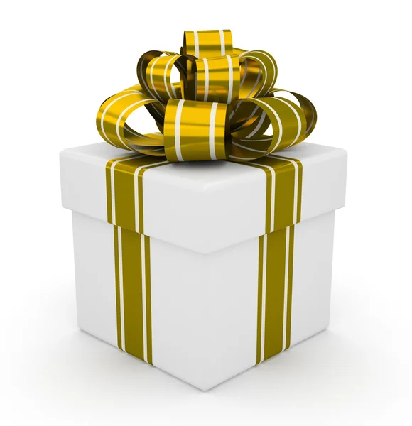 Scatola regalo bianca con fiocco d'oro isolato su sfondo bianco 5 — Foto Stock