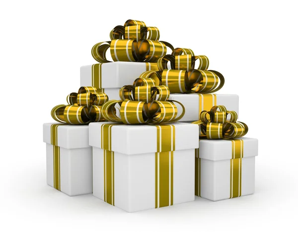 Weiße Geschenkboxen mit Goldschleife isoliert auf weißem Hintergrund — Stockfoto