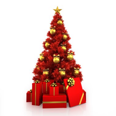 Beyaz zemin üzerine altın dekor ile kırmızı Noel ağacı