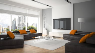 İki kanepe ve ornge yastıklar 3d render ile modern iç