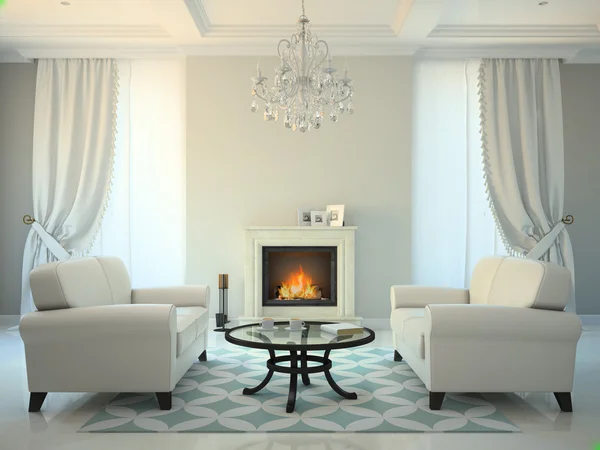 Habitación de estilo clásico con chimenea y sofás blancos representación 3D — Foto de Stock