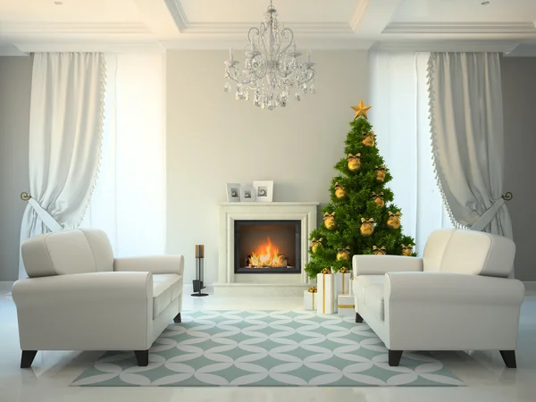 Quarto de estilo clássico com lareira e árvore de natal 3D renderin — Fotografia de Stock
