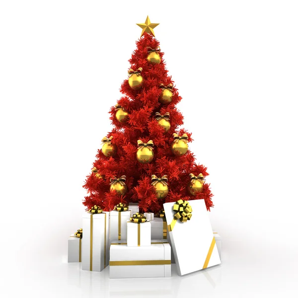 Red Christmas tree with gold decor isolated on white background — Stock Photo, Image