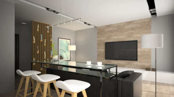 Interior moderno con mesa de bar de vidrio 3D renderizado — Foto de Stock