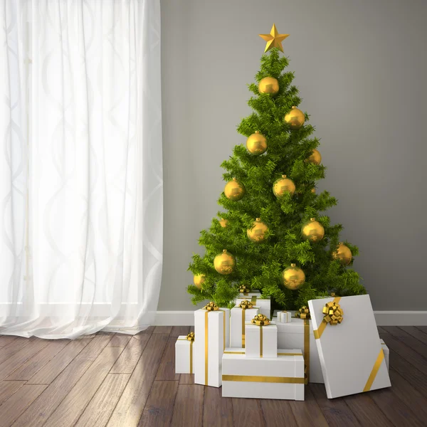 Christmas tree with gold decor in classic style room with dark f — Stock Photo, Image